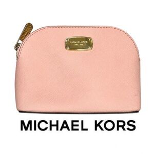 MICHAEL KORS Cindy Jet Set Medium Travel Cosmetic Bag Pouch Pink Leather MK Gold